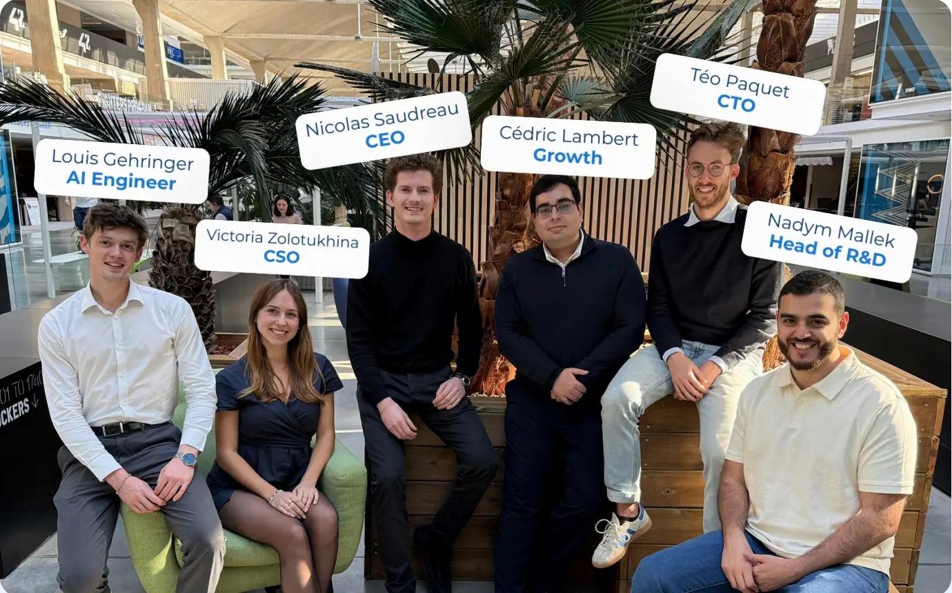 The SkAI Tech team at Station F: Louis Gehringer (AI Engineer), Victoria Zolotukhina (CSO), Nicolas Saudreau (CEO), Cédric Lambert (Growth), Téo Paquet (CTO) and Nadym Mallek (Head of R&D).