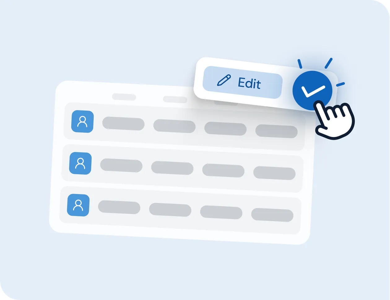 Validation interface illustration showing a human hand clicking an approval checkmark to confirm schedule adjustments and oversight.