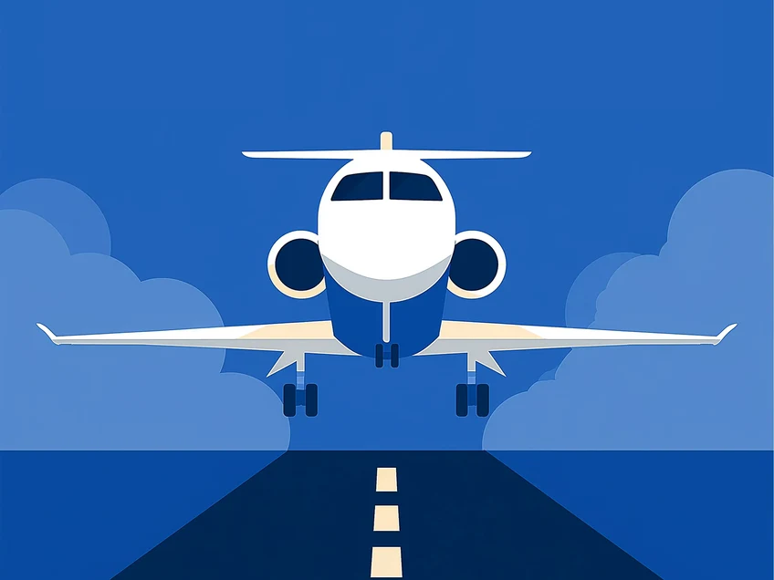 Front view of a private jet on a runway, symbolizing scheduling responsiveness for charter and on-demand flight services.